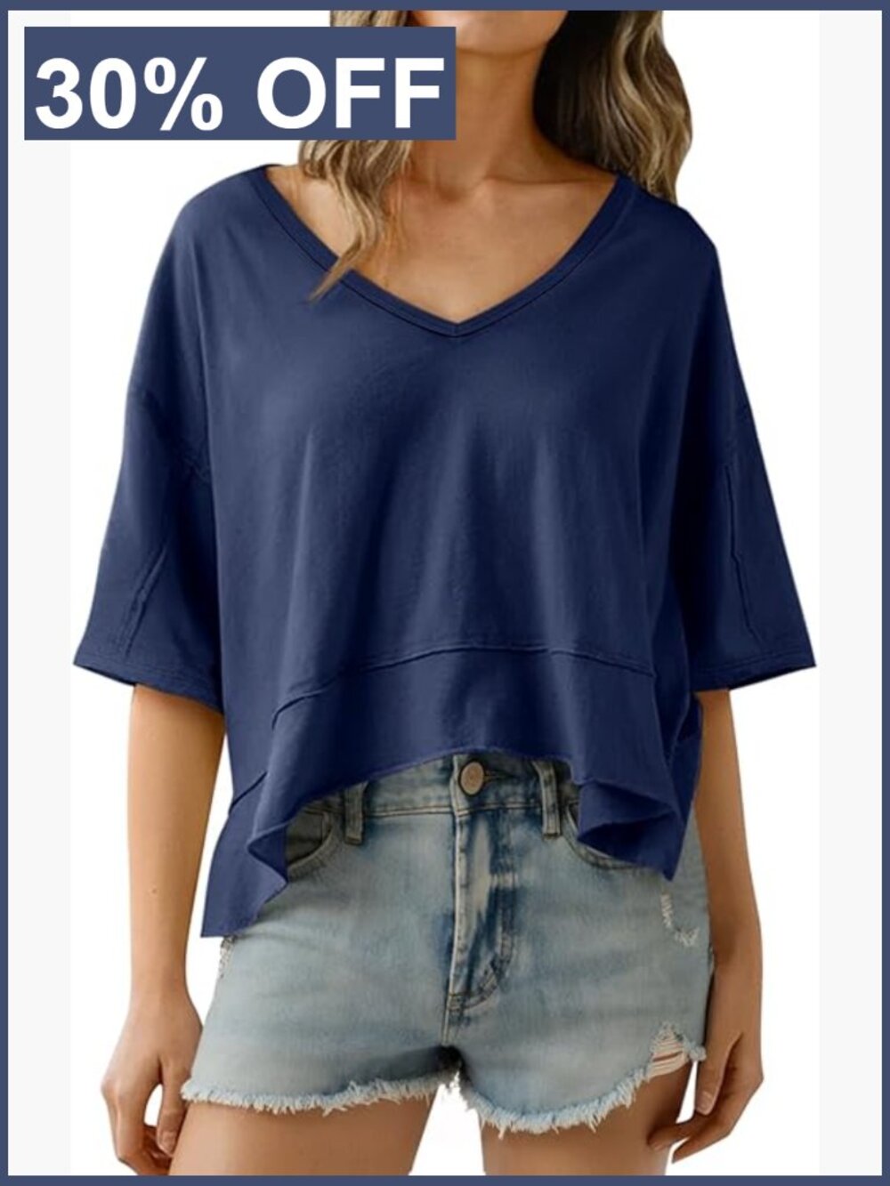 Oversized Crop T-Shirt V Neck Short Sleeve Loose Fit Curved Hem Boxy Tee